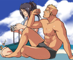 Rule 34 | 1girl, 3boys, armpit hair, armpit hair peek, armpit peek, bara, beach, beard stubble, black hair, black male swimwear, blonde hair, blue shirt, blue shorts, blue sky, bulge, camera, cid highwind, cigarette, closed mouth, cloud, cloudy sky, facial hair, final fantasy, final fantasy vii, holding, holding camera, holding cigarette, kneeling, looking at object, looking to the side, looking up, magnum feering, male swimwear, multiple boys, open clothes, open shirt, ponytail, red fur, red xiii, shirt, shorts, sitting, sky, smoking, stubble, vincent valentine, yuffie kisaragi