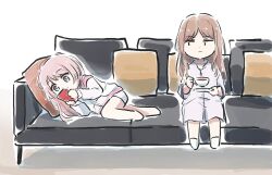2girls bang_dream! bang_dream!_it&#039;s_mygo!!!!! barefoot brown_hair cellphone chihaya_anon closed_mouth commentary couch cup grey_eyes holding holding_cup holding_phone hood hood_down hooded_jacket jacket long_hair looking_at_another lying lyy multiple_girls nagasaki_soyo on_side pajamas phone pillow pink_hair shirt shorts sidelocks sitting smartphone symbol-only_commentary white_jacket white_shirt white_shorts