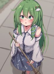 1girl :o bare_shoulders blue_skirt blush breasts broom commentary_request detached_sleeves foot_out_of_frame frog_hair_ornament green_eyes green_hair hair_between_eyes hair_ornament hair_tubes highres holding holding_broom kochiya_sanae large_breasts long_hair long_sleeves open_mouth outdoors path road shirt single_hair_tube siw0n skirt snake_hair_ornament solo standing touhou very_long_hair white_shirt white_sleeves wide_sleeves