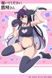1girl absurdres animal_ear_fluff animal_ear_hairband animal_ears animal_hands bell black_bra black_panties black_thighhighs bra breasts cat_ear_hairband cat_ears cat_lingerie cat_tail cleavage_cutout closed_mouth clothing_cutout commentary_request copyright_name copyright_notice fake_animal_ears fake_tail full_body gloves hairband haite_kudasai_takamine-san heart_cutout highres jingle_bell large_breasts light_blush long_hair looking_at_viewer meme_attire navel neck_bell official_art outline panties paw_gloves paw_pose paw_print paw_print_background paw_shoes pink_background purple_hair red_eyes side-tie_panties sitting solo stomach tail takamine_takane thighhighs underwear wariza white_outline
