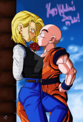1boy 1girl android_18 bald bald_male black_eyes blonde_hair blue_eyes blush couple dragon_ball excited flower happy husband_and_wife kuririn muscular muscular_male smile valentine