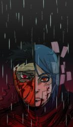 Rule 34 | 1boy, 1girl, akatsuki (naruto), black hair, blood, blue hair, broken mask, face piercing, highres, konan (naruto), labret piercing, lipeka, mask, naruto (series), naruto shippuuden, paper, rain, red eyes, sharingan, short hair, tobi (naruto), uchiha obito