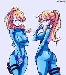 1girl absurdres arm_at_side arm_under_breasts artist_name ass back blonde_hair blue_bodysuit blue_eyes bodysuit breasts clenched_hand collarbone covering_crotch covering_privates expressionless eyelashes female_focus finger_to_mouth from_behind hair_between_eyes hand_up high_ponytail highres holster large_breasts legs_together long_hair looking_at_viewer looking_back metroid mole mole_under_mouth multiple_views neck nintendo open_mouth ponytail print_bodysuit samus_aran sideboob sidelocks simple_background skin_tight standing swept_bangs thigh_holster thighs turnaround turtleneck turtleneck_bodysuit vewuinsky zero_suit