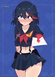 1girl arm_behind_back artist_name black_hair black_shirt black_skirt blue_background blue_eyes blush breasts collarbone commentary cowboy_shot cropped_shirt english_commentary envelope frown gloves hair_between_eyes heart heart_background highres holding holding_envelope kill_la_kill looking_to_the_side matoi_ryuuko medium_breasts medium_hair midriff multicolored_hair navel neckerchief pleated_skirt red_gloves red_neckerchief red_streaks ryukman senketsu shirt single_glove skirt solo suspenders thick_thighs thighs two-tone_hair