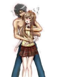 Rule 34 | 1boy, 1girl, ahoge, artist collaboration, blush, brown eyes, brown hair, chestnut mouth, flat chest, height difference, hetero, hosaka (minami-ke), hug, hug from behind, kamaryu, lem (entropy3), long hair, minami-ke, minami chiaki, open mouth, pants, plaid clothes, plaid skirt, school uniform, skirt, sweater vest, topless male