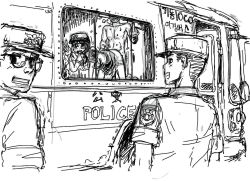 1girl 3boys all_fours bent_over blush bus clothed_female_nude_male clothed_male_nude_male clothed_sex clothes_lift doggystyle from_behind glasses gogocherry korean_text looking_at_viewer looking_back miniskirt monochrome motor_vehicle multiple_boys nude police police_uniform policeman policewoman riot_police sex sex_from_behind sketch skirt skirt_lift smile translation_request v vaginal