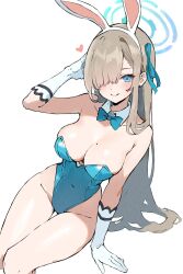 1girl animal_ears asuna_(blue_archive) asuna_(bunny)_(blue_archive) blue_archive blue_bow blue_bowtie blue_eyes blue_leotard blue_ribbon blush bow bowtie breasts collar collarbone covered_navel detached_collar gloves grey_hair hair_over_one_eye hair_ribbon halo heart highres large_breasts leotard long_hair mole mole_on_breast no_legwear playboy_bunny rabbit_ears ribbon sitting smile solo thigh_gap white_collar white_gloves y_uunaa