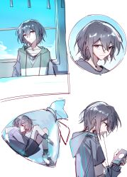 1girl absurdres bag bang_dream! bang_dream!_it&#039;s_mygo!!!!! black_shorts brown_eyes cellphone closed_mouth green_hoodie grey_hair hair_between_eyes hibioes highres holding holding_phone hood hood_down hoodie in_bag in_container looking_at_viewer multiple_views phone short_hair shorts smartphone takamatsu_tomori
