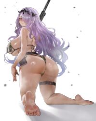 1girl ass back barefoot belt_pouch bikini blush breasts camilla_(fire_emblem) camouflage camouflage_bikini closed_mouth commentary fire_emblem fire_emblem_fates from_behind full_body hair_over_one_eye highres huge_ass huge_breasts kneeling long_hair looking_at_viewer looking_back nintendo pouch print_bikini purple_eyes purple_hair sideboob simple_background skindentation solo swimsuit teddypocky thick_thighs thigh_strap thighs toes underboob wavy_hair white_background