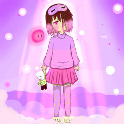 asriel_dreemurr bete_noire brown_hair glitchtale pink_eyes pink_hair pink_skirt pink_sweater purple_background purple_sweater short_hair skirt sleepwear stuffed_toy sweater undertale