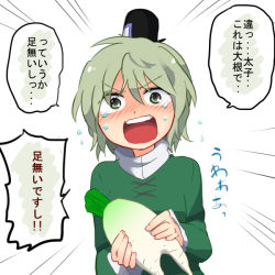 1girl bad_id bad_pixiv_id daikon dress female_focus green_dress green_eyes green_hair hat japanese_clothes matching_hair/eyes open_mouth radish shikushiku_(amamori_weekly) short_hair soga_no_tojiko solo tate_eboshi text_focus touhou translation_request