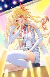 1girl absurdres ahoge bare_shoulders blonde_hair commentary_request detached_sleeves fortissimo gradient_hair hair_ornament hair_ribbon hand_up highres hololive hololive_dev_is kaze_22 korean_commentary lightstick long_hair looking_at_viewer multicolored_hair musical_note musical_note_hair_ornament neck_ribbon official_alternate_costume open_mouth otonose_kanade red_eyes red_hair red_ribbon ribbon shirt shorts side_ponytail simple_background single_thighhigh smile solo squatting stage teeth thighhighs upper_teeth_only virtual_youtuber waving white_background white_shirt white_shorts white_sleeves white_thighhighs