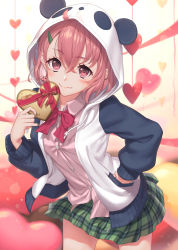 1girl animal_ears animal_hood blush box closed_mouth collared_shirt commentary_request drawstring dress_shirt earrings fake_animal_ears fang fang_out gift gift_box green_skirt hair_between_eyes hair_ornament hairclip hand_on_own_hip heart heart-shaped_box highres holding holding_gift hood hood_up hooded_jacket jacket jewelry kamome_yuu leaning_forward long_sleeves looking_at_viewer multicolored_hair nijisanji open_clothes open_jacket panda_ears panda_hood pink_hair pink_shirt plaid_clothes plaid_skirt pleated_skirt puffy_long_sleeves puffy_sleeves red_eyes red_hair sasaki_saku sasaki_saku_(1st_costume) shirt skirt smile solo streaked_hair virtual_youtuber white_jacket