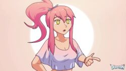 1girl artist_name background-color breasts cleavage collarbone derpixon heart heart-shaped_pupils long_hair lowres original peach_background pink_hair ponytail solo sunny_(derpixon) symbol-shaped_pupils white_background yellow_eyes