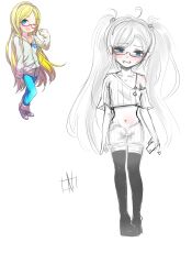 Rule 34 | 1girl, ahoge, arms at sides, blue eyes, blush, bra, bra strap, cellphone, collarbone, crop top, female focus, full body, gelbooru, gelbooru-tan, glasses, grin, hair bobbles, hair ornament, head tilt, highres, holding, holding phone, long hair, looking at viewer, midriff, monochrome, navel, nervous, nervous smile, nose blush, nyudachi (artist), off-shoulder shirt, off shoulder, phone, raised eyebrows, reference inset, semi-rimless eyewear, shirt, short shorts, short sleeves, shorts, sidelocks, simple background, single bare shoulder, sketch, smartphone, smile, spot color, standing, stomach, teeth, thighhighs, twintails, underwear, very long hair, white background