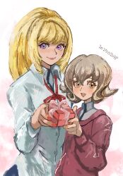 2girls atra_mixta blonde_hair box brown_hair closed_mouth collared_shirt commentary dated english_commentary gift gift_box gundam gundam_tekketsu_no_orphans highres holding holding_box holding_gift kudelia_aina_bernstein light_smile long_hair long_sleeves looking_at_viewer multiple_girls okrdisk2000 open_mouth purple_eyes shirt smile white_background