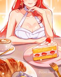 1girl absurdres arm_rest arm_under_breasts bare_shoulders breasts cake cake_slice closed_mouth coffee coffee_mug commentary croissant cup dress earrings english_commentary food fork fruit hand_on_own_chin hand_up head_out_of_frame highres himeko_(honkai:_star_rail) honkai:_star_rail honkai_(series) jewelry large_breasts latte_art long_hair mug nail_polish plate pov_across_table red_hair red_nails reiness_(ureiness) saucer sleeveless sleeveless_dress smile solo sparkle spoon strawberry table twitter_username upper_body white_dress