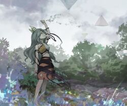 1girl barefoot chirizuka_ubame grey_hair kaigen_1025 long_hair looking_up nature orange_skirt outdoors purple_ribbon ribbon skirt solo touhou