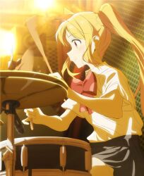 1girl ahoge blonde_hair bocchi_the_rock! bow cloverworks cymbals drum drum_set drumsticks grey_skirt hi-hat highres holding holding_drumsticks ijichi_nijika instrument kerorira long_hair music panties playing_drum playing_instrument pleated_skirt polka_dot polka_dot_panties red_eyes red_ribbon ribbon school_uniform shimokita_glory_days shimokitazawa_high_school_uniform shirt side_ponytail sitting skirt smile solo stage stage_lights t-shirt underwear white_shirt