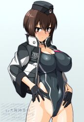 1girl black_gloves black_hair black_hat black_one-piece_swimsuit borrowed_design breasts brown_eyes camouflage clothes_writing competition_swimsuit cosplay covered_erect_nipples covered_navel cowboy_shot garrison_cap girls_und_panzer gloves gradient_background hat highleg highleg_one-piece_swimsuit jacket large_breasts multicolored_jacket nishizumi_maho nishizumi_shiho nishizumi_shiho_(cosplay) one-piece_swimsuit oosaka_kanagawa short_hair solo swimsuit