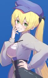Rule 34 | 1girl, absurdres, blonde hair, blue background, blue hat, blue nails, bokuboyarts, breasts, cropped jacket, dokibird (vtuber), dokibird (vtuber) (retro doki), from side, green eyes, grey jacket, hand on own hip, hat, highres, indie virtual youtuber, jacket, long hair, looking at viewer, medium breasts, shirt, smile, solo, twintails, underbust, upper body, very long hair, virtual youtuber, white shirt