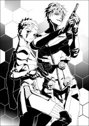 2boys cosplay digital_devil_saga emiya_shirou facial_mark fate/stay_night fate_(series) gilgamesh_(fate) greyscale gun high_contrast male_focus monochrome multiple_boys sera sera_(cosplay) serph serph_(cosplay) shaliva tattoo thighhighs weapon