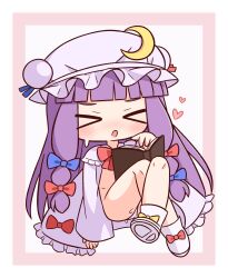 &gt;_&lt; 1girl :o blue_bow blush book boots border bow chibi closed_eyes crescent crossed_legs facing_viewer frills full_body hair_bow hana_kazari hat highres long_hair mob_cap open_book open_clothes open_robe panties parted_lips patchouli_day patchouli_knowledge pink_border purple_hair purple_hat purple_robe red_bow robe shoe_soles solo sweat touhou underwear very_long_hair white_background white_boots white_panties yellow_bow