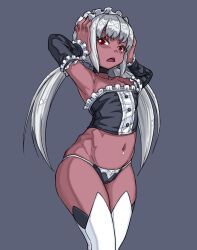 1girl breasts choker crop_top dark-skinned_female dark_skin frown hands_on_own_head long_hair looking_at_viewer low_twintails navel open_mouth original panties red_eyes small_breasts solo thighhighs twintails underwear white_hair yggsil