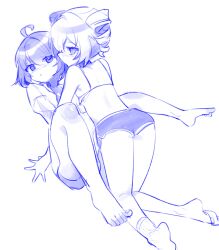 2girls absurdres ahoge bare_arms bare_shoulders barefoot blue_theme blush braid bronya_zaychik camisole commentary_request dolphin_shorts girl_on_top hair_between_eyes heart heart_in_eye highres honkai_(series) honkai_impact_3rd korean_commentary monochrome multiple_girls no_shoes parted_lips pic_p_p seele_vollerei short_hair short_shorts shorts simple_background sketch socks symbol_in_eye twin_braids twintails white_background yuri
