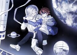 2boys ahoge aotsuki_eito black_gloves black_hair black_pants blue_eyes blue_jacket closed_eyes full_body gloves helmet highres holding_hands hood hoodie jacket long_sleeves male_focus messy_hair multicolored_hair multiple_boys open_mouth pants planet planetary_ring red_hair satellite space space_helmet space_station space_suit spacecraft spacesuit star_(sky) sumino_takumi teeth the_hundred_line_-last_defense_academy- upper_teeth_only white_hoodie white_jacket white_pants