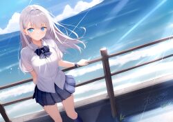 1girl absurdres arm_behind_back artist_name blue_bow blue_bowtie blue_eyes blue_skirt blue_sky blue_socks blush bow bowtie breasts closed_mouth cloud collared_shirt commentary_request day dutch_angle feet_out_of_frame floating_hair grass grey_hair hand_on_railing highres himura_moritaka kneehighs large_breasts light_particles light_rays long_hair looking_at_viewer miniskirt negative_space original outdoors plaid_clothes plaid_skirt pleated_skirt railing school_uniform shirt short_sleeves skirt sky smile socks solo standing striped_bow striped_bowtie striped_clothes summer_uniform sunbeam sunlight waves white_shirt wristband