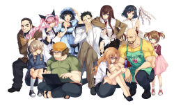 5boys 6+girls ;d akiha_rumiho amane_suzuha apron bald black_hair blue_eyes braid brown_hair cellphone child computer everyone faris_nyannyan fat fat_man hagure_keg hashida_itaru hat jacket kiryuu_moeka lab_coat laptop long_hair makise_kurisu multiple_boys multiple_girls muscular nakabachi_(steins;gate) okabe_rintarou one_eye_closed open_mouth paw_pose phone pink_hair purple_eyes shiina_mayuri short_hair smile steins;gate tennouji_nae tennouji_yuugo trap twintails urushibara_ruka wink
