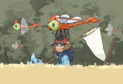 Rule 34 | 1boy, bad id, bad pixiv id, baseball cap, blue jacket, brown eyes, brown hair, bug, butterfly net, dewott, dragonfly, dragonfly wings, gen 2 pokemon, gen 5 pokemon, hand net, hat, hilbert (pokemon), insect, jacket, looking up, male focus, nintendo, nyagiratwist, outdoors, pokemon, pokemon (creature), pokemon bw, sketch, yanma