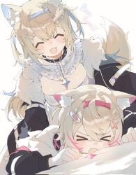 &gt;_&lt; 2girls animal_ear_fluff black_coat black_collar black_jacket blonde_hair blue_hair blush breasts cleavage closed_eyes coat collar dog_girl dog_tail dress eliora202 fuwawa_abyssgard fuwawa_abyssgard_(1st_costume) headphones headphones_around_neck highres hololive hololive_english jacket large_breasts long_hair missing_commentary mococo_abyssgard mococo_abyssgard_(1st_costume) multicolored_hair multiple_girls pink_hair shirt short_hair siblings simple_background sisters streaked_hair tail twins two-tone_hair two_side_up virtual_youtuber white_background white_dress white_shirt yellow_tail