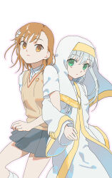 Rule 34 | 1girl, 2girls, asymmetrical bangs, brown eyes, brown hair, brown sweater vest, collared shirt, commentary request, dated, green eyes, grey hair, grey skirt, hair ornament, hairpin, highres, index (toaru majutsu no index), locked arms, long hair, looking at viewer, miniskirt, misaka mikoto, multiple girls, nun, okaokaokaoooo, pleated skirt, robe, school emblem, school uniform, shirt, short sleeves, signature, skirt, solo, summer uniform, sweater vest, toaru majutsu no index, tokiwadai school uniform, v-neck, white robe, white shirt