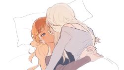 2girls anna_(frozen) black_dress blonde_hair blush commentary_request dress elsa_(frozen) freckles frozen_(disney) frozen_1022 hands_on_another&#039;s_back highres incest korean_commentary long_hair long_sleeves multiple_girls on_bed orange_hair pill purple_shirt shirt simple_background white_background yuri