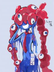 1girl :d artist_name blue_eyes blue_skin character_name colored_skin commentary_request cowboy_shot dripping expo2025 fusion grey_background hands_up hatsune_miku highres melting monster_girl myaku-myaku naked_necktie necktie nude open_mouth red_necktie sacabam_no_gyogun simple_background skinny slime_girl smile solo too_many_eyes twitter_username vocaloid