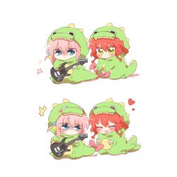 2girls blue_eyes blush bocchi_the_rock! bow chibi chibi_only dinosaur_costume electric_guitar gotoh_hitori guitar heart holding holding_guitar holding_instrument hood hood_up instrument kita_ikuyo long_sleeves multiple_girls music musical_note pink_hair playing_instrument rebecca_(keinelove) red_hair simple_background sitting tail tail_bow tail_ornament tail_wagging white_background yellow_eyes