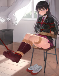 1girl absurdres arms_behind_back bang_dream! bang_dream!_it&#039;s_mygo!!!!! bare_legs bdsm black_hair blazer bondage bound bound_arms bound_legs bound_toes breast_bondage chair chinese_commentary chuck_(harfmoondark) commentary_request feet haneoka_school_uniform highres indoors jacket long_hair mole mole_under_eye mygo!!!!!_(bang_dream!) necktie on_chair pleated_skirt purple_eyes purple_skirt purple_socks restrained revision rope school_chair school_uniform shibari shibari_over_clothes shiina_taki shoes skirt socks soles striped_necktie sweat tape tied_to_chair toes unworn_shoes uwabaki variant_set window