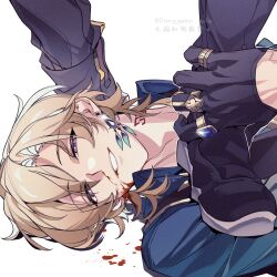 2boys artist_name aventurine_(honkai:_star_rail) black_boots black_gloves black_pants black_vest blonde_hair blood blood_on_face blood_on_ground blue_eyes blue_gemstone blue_shirt boots caelus_(honkai:_star_rail) collared_shirt earrings gem gloves gold_ring hair_between_eyes highres honkai:_star_rail honkai_(series) jewelry leg_grab long_sleeves looking_at_viewer lying male_focus multicolored_eyes multiple_boys multiple_rings neck_tattoo nosebleed on_back pants purple_eyes ring rongyuan_gulu shirt short_hair simple_background single_earring smile solo_focus sparkle standing tattoo teeth trailblazer_(honkai:_star_rail) upper_body vest white_background yaoi