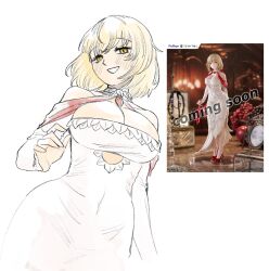 Rule 34 | 1girl, blonde hair, breasts, cleavage, curvy, cutout above navel, dress, dungeon meshi, falin touden, feather-trimmed dress, figure (medium), grin, hand up, highres, large breasts, long sleeves, looking at viewer, off-shoulder dress, off shoulder, parted lips, photo-referenced, photo inset, reference inset, short hair, sketch, smile, solo, wanderjegson, white dress, yellow eyes
