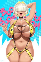 1girl arm_behind_head arm_up bikini blush breasts cleavage cleavage_cutout clothing_cutout collar collarbone dark-skinned_female dark_skin elegg_(boom_and_shock)_(nikke) elegg_(nikke) fang gluteal_fold goddess_of_victory:_nikke hair_intakes hair_over_eyes highres huge_breasts lips navel open_mouth shiny_skin short_hair slingshot_swimsuit swimsuit tan thick_thighs thighs tongue twrlare wide_hips yellow_bikini