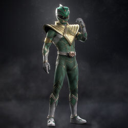 1boy 3d arm_guards armor artist_name belt bodysuit boots dino_buckler dragon_ranger gloves gold_armor gold_trim green_bodysuit helmet highres mighty_morphin_green_ranger mighty_morphin_power_rangers power_rangers shoulder_armor tokujay tokusatsu twitter_username