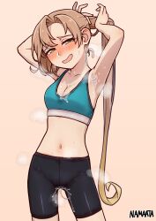 1girl absurdres adjusting_hair akigumo_(kancolle) armpits arms_up bike_shorts blue_sports_bra blush breasts brown_hair cleavage commentary_request commission cum cum_on_armpits cum_on_body cum_on_breasts cum_on_upper_body green_eyes highres kantai_collection long_hair looking_at_viewer medium_breasts mole mole_under_eye namaata nose_blush open_mouth ponytail pussy_juice signature simple_background skeb_commission solo sports_bra steaming_body sweat very_long_hair