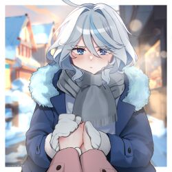 1girl ahoge alternate_costume blue_coat blue_eyes blue_hair blurry blurry_background blush bokeh closed_mouth coat depth_of_field drop-shaped_pupils fur-trimmed_coat fur-trimmed_gloves fur_trim furina_(genshin_impact) genshin_impact gloves grey_scarf holding_hands long_sleeves looking_at_viewer multicolored_hair open_clothes open_coat oume_(pixiv_46297781) outdoors pov scarf short_hair snow solo streaked_hair sunset symbol-shaped_pupils twitter_username upper_body white_gloves white_hair