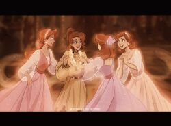 4girls anastasia_(1997) anya_(anastasia) blue_eyes blush bow commentary dress earrings english_commentary green_dress hair_bow hair_bun hair_ribbon half_updo highres itslopezz jewelry letterboxed long_sleeves maria_(anastasia) multiple_girls necklace olga_(anastasia) open_mouth pearl_necklace pink_dress ponytail purple_dress red_hair ribbon see-through_clothes see-through_sleeves siblings sisters smile spirit tatiana_(anastasia) twitter_username