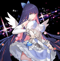 Rule 34 | 1girl, angel, angel wings, black background, blue hair, blue nails, bracelet, breasts, bridal gauntlets, closed mouth, colored inner hair, commentary, cowboy shot, dress, elbow gloves, english commentary, gloves, grey eyes, heart, holding, holding legwear, holding unworn clothes, holding unworn thighhighs, jewelry, large breasts, long hair, looking at viewer, multicolored hair, panty &amp; stocking with garterbelt, pink hair, red pupils, simple background, solo, starshadowmagician, stocking (psg), striped clothes, striped thighhighs, thighhighs, unworn legwear, unworn thighhighs, white bridal gauntlets, white dress, white thighhighs, white wings, wings