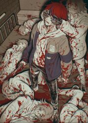 2boys ahoge aotsuki_eito aura black_gloves black_hair black_pants blood blood_in_hair blood_on_bed blood_on_face blood_on_hands blood_on_neck blood_on_wall bloody_knife bloody_weapon blue_eyes closed_eyes corpse dark_aura drawstring glasses gloves grey_eyes grey_hair hands_on_another&#039;s_face highres holding holding_knife hood hoodie indoors injury jacket knife lower_teeth_only male_focus multicolored_hair multiple_boys open_mouth pants red_hair red_pupils short_hair signature smile solo spoilers stab standing_on_bed streaked_hair sumino_takumi teeth the_hundred_line_-last_defense_academy- weapon white_hoodie white_jacket white_sneakers xinjinjumin839286500137