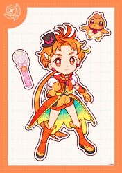 Rule 34 | 1boy, bird, black hat, boots, border, bow, bright pupils, buttons, clenched hands, closed mouth, coattails, collar, cure wing, deformed, detached collar, dot nose, dotted line, dual persona, earrings, frilled shorts, frilled sleeves, frills, full body, gloves, grid background, hair ornament, hairclip, happy, hat, hat bow, highres, hirogaru sky! precure, jewelry, knee boots, long hair, low ponytail, magical boy, male focus, microphone, mini hat, mini top hat, multicolored buttons, multiple earrings, orange arm warmers, orange boots, orange border, orange eyes, orange gloves, orange hair, orange scarf, orange shorts, orange vest, outline, parted bangs, pink bow, ponytail, precure, puffy short sleeves, puffy sleeves, red collar, scarf, shirt, short sleeves, shorts, signature, smile, solo, sphere earrings, tareme, top hat, triangle button, uwded 207, very long hair, vest, white background, white outline, white pupils, white shirt, wing hair ornament, yuunagi tsubasa, yuunagi tsubasa (bird)