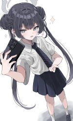 1girl black_hair blue_archive blush cellphone double_bun grey_eyes grey_halo hair_bun halo highres holding holding_phone kisaki_(blue_archive) kisaki_(school_uniform)_(blue_archive) long_hair maikro necktie open_mouth phone pleated_skirt shirt short_sleeves simple_background skirt smile socks solo thighs twintails white_background white_shirt white_socks